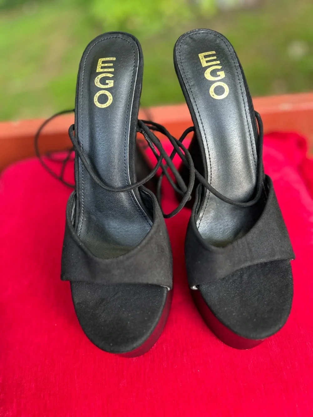 EGO Black Lace-Up Platform Mule Heels
